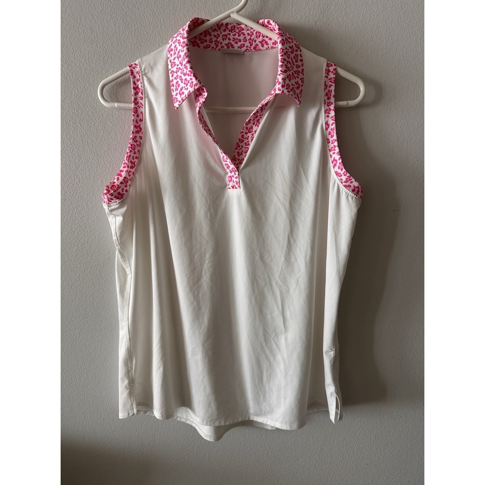 Belyn Key Sleeveless Golf Polo Animal Pattern Collar Women Larg White Pickleball